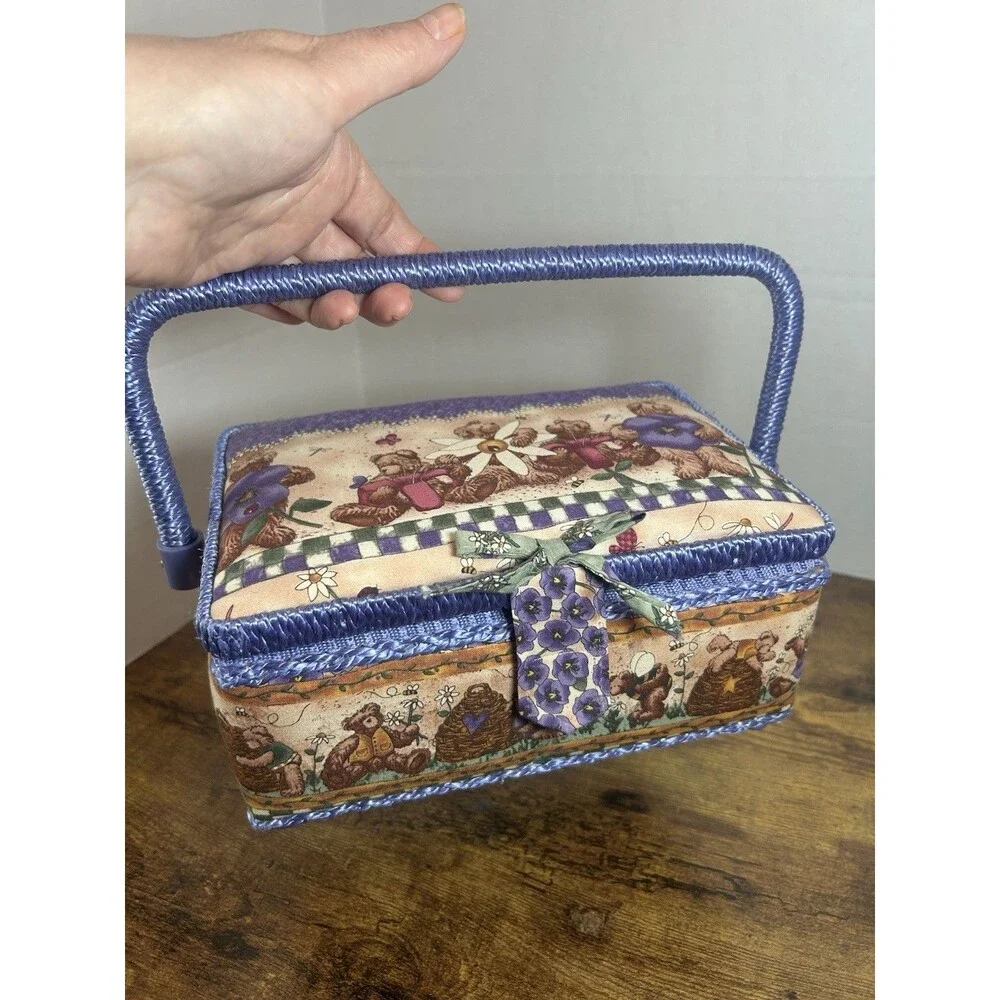 Vintage Teddy Bear Floral Sewing Basket Box Touch Fastener Philippines Purple